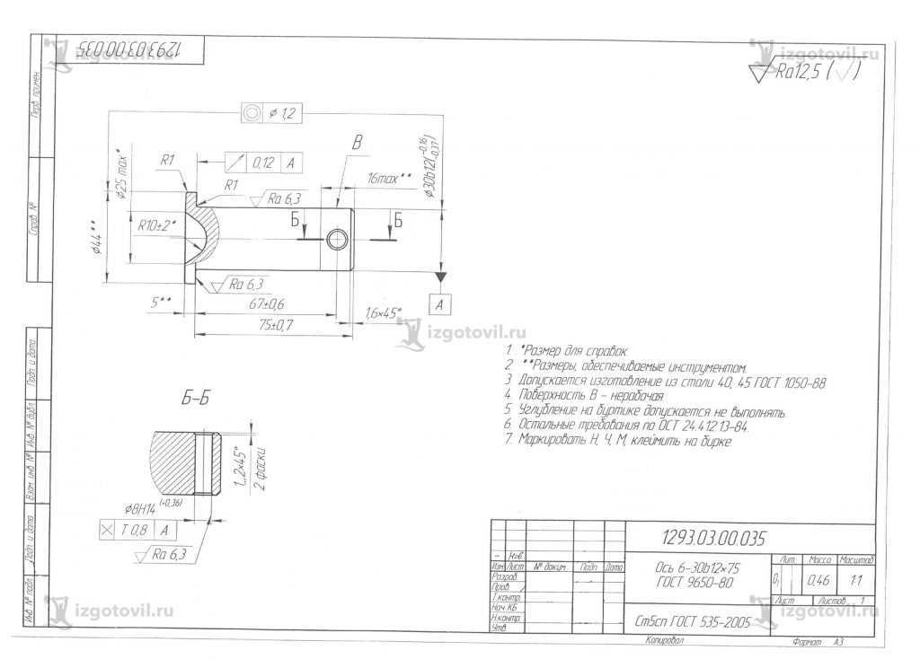 Изготовление деталей по чертежам: оси, сгон, заглушка и болт