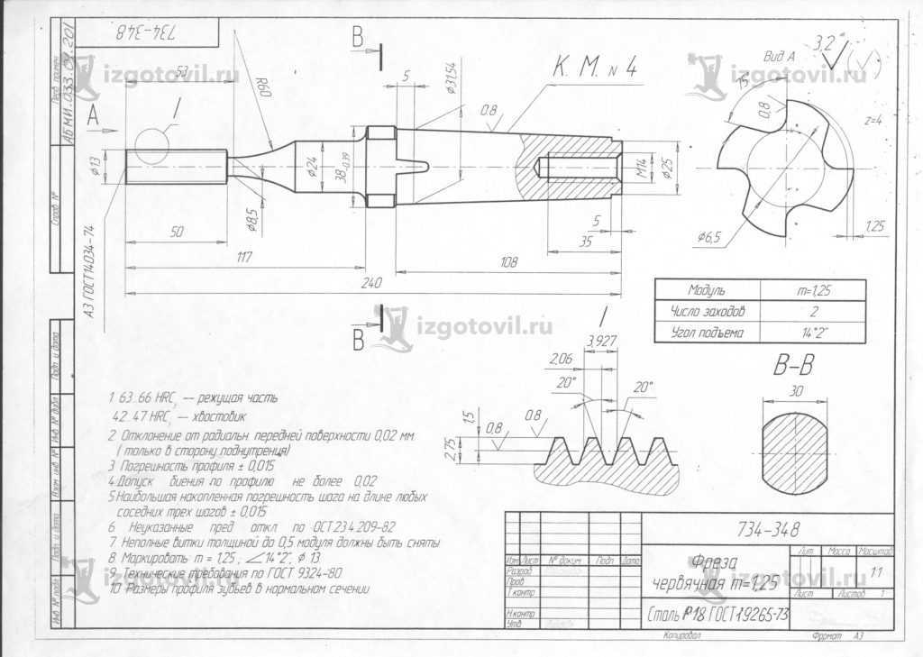 Изготовление деталей по чертежам (Фреза червячная модульная М1 и М1,25).