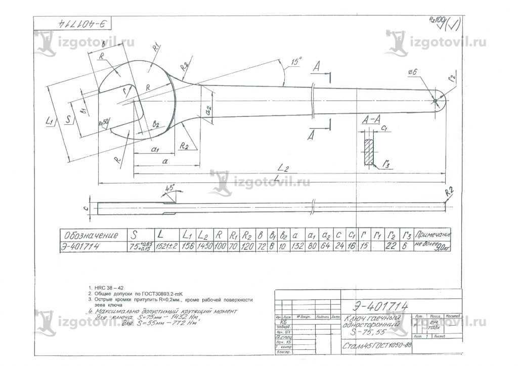 Изготовление деталей по чертежам: гаечный ключ