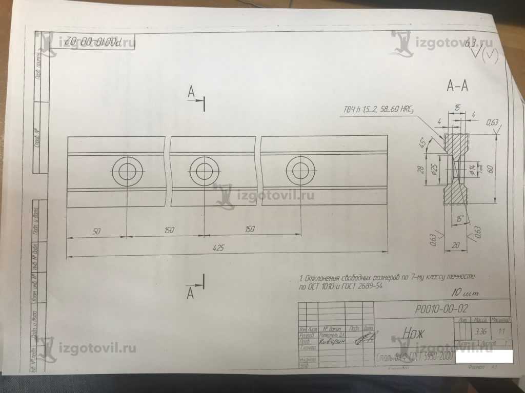 Изготовление деталей оборудования (Нож для гильотины)